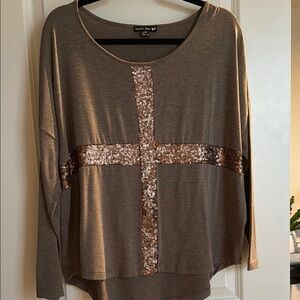 Double Zero Sequin Cross Brown Top